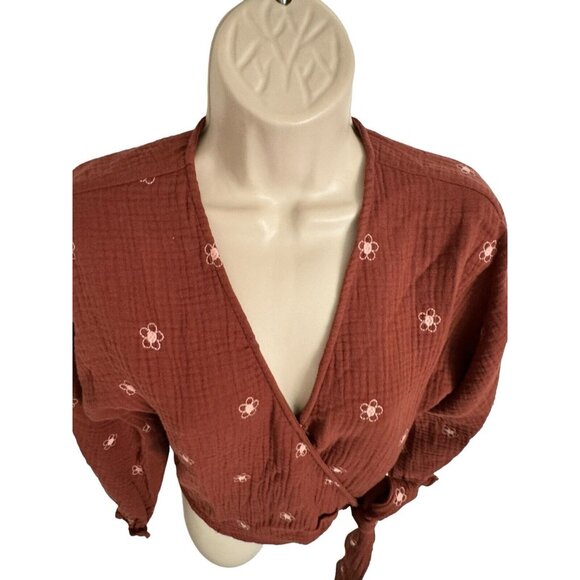 Madewell Wrap Gauze Cotton Side Tie Blouse Embroidered Pink Flowers Size XS - Picture 2 of 10